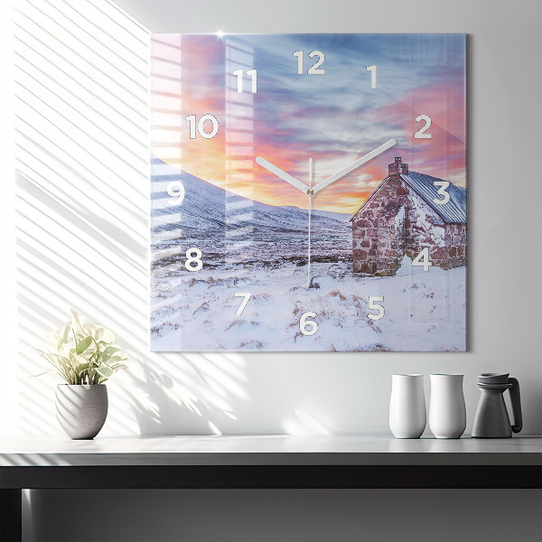 Ceas pătrat de perete din sticlă Cabană la munte