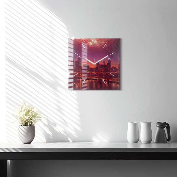 Ceas pătrat de perete din sticlă Oraș noaptea în Philadelphia