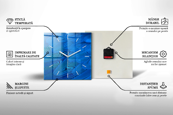 Ceas pătrat de perete din sticlă Triunghiuri abstracte metalice