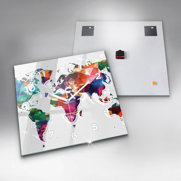 Ceas pătrat de perete din sticlă Harta lumii triunghiuri
