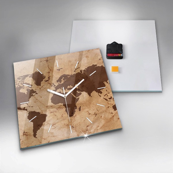 Ceas pătrat de perete din sticlă Harta lumii vintage