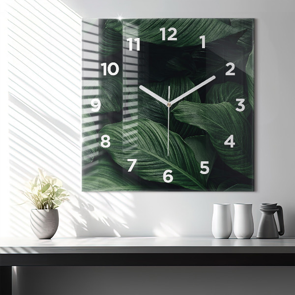 Ceas pătrat de perete din sticlă Monstera tropicală