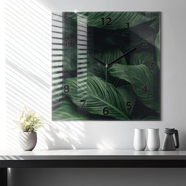 Ceas pătrat de perete din sticlă Monstera tropicală