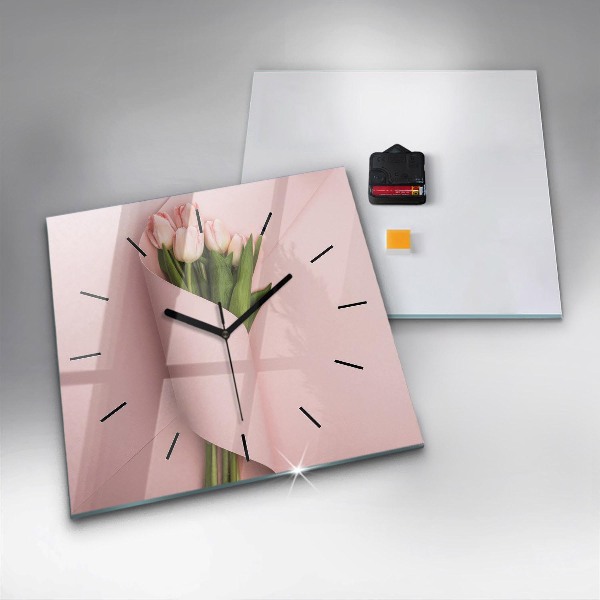Ceas pătrat de perete din sticlă Buchet de flori de lalele