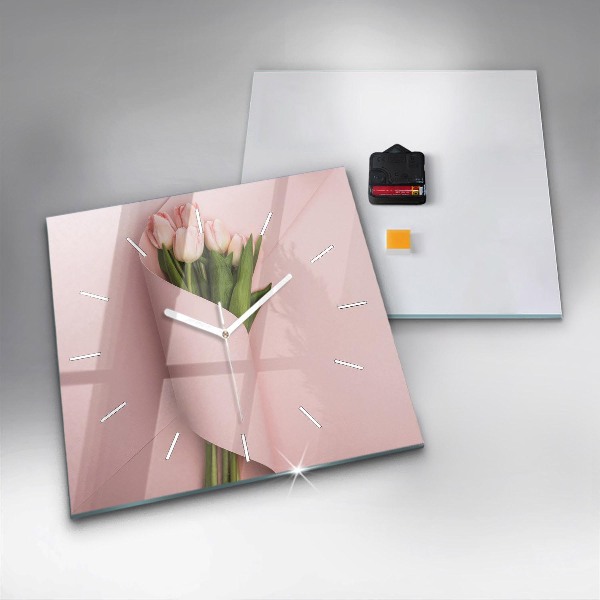 Ceas pătrat de perete din sticlă Buchet de flori de lalele