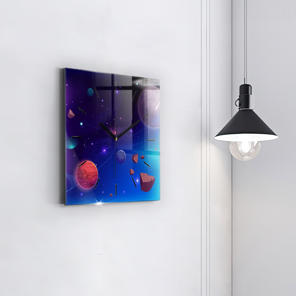 Ceas pătrat de perete din sticlă Planete galaxie