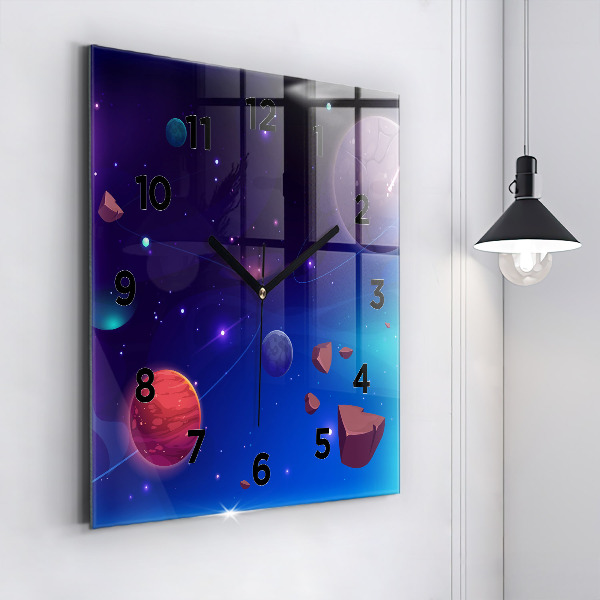 Ceas pătrat de perete din sticlă Planete galaxie