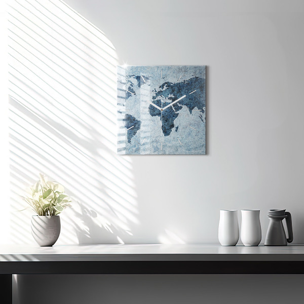 Ceas pătrat de perete din sticlă Harta lumii pictată