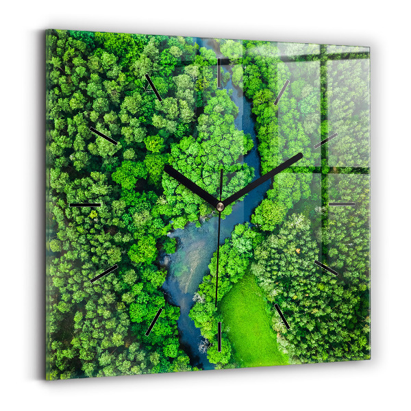 Ceas pătrat de perete din sticlă Râu în pădure