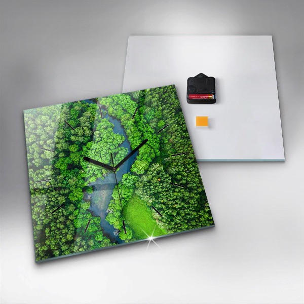 Ceas pătrat de perete din sticlă Râu în pădure