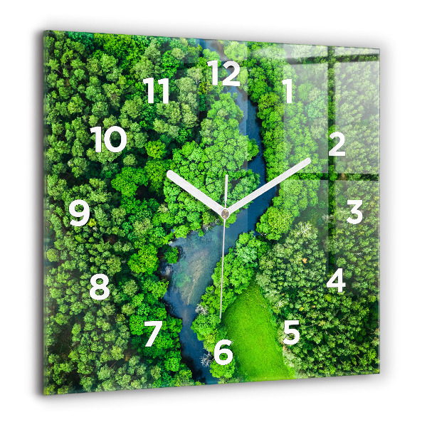 Ceas pătrat de perete din sticlă Râu în pădure