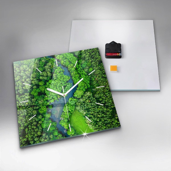 Ceas pătrat de perete din sticlă Râu în pădure
