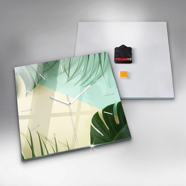 Ceas pătrat de perete din sticlă Monstera pleacă