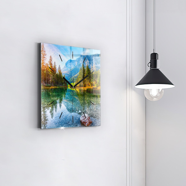 Ceas pătrat de perete din sticlă Peisaj montan râu