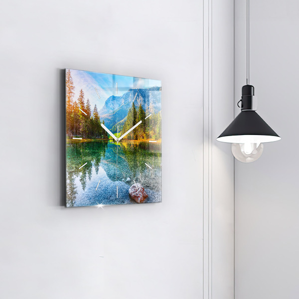 Ceas pătrat de perete din sticlă Peisaj montan râu