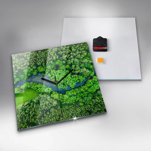 Ceas pătrat de perete din sticlă Râu în pădure