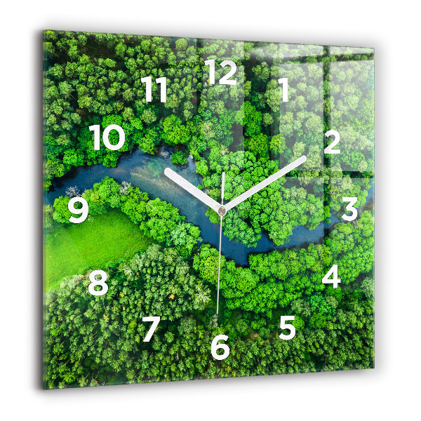 Ceas pătrat de perete din sticlă Râu în pădure