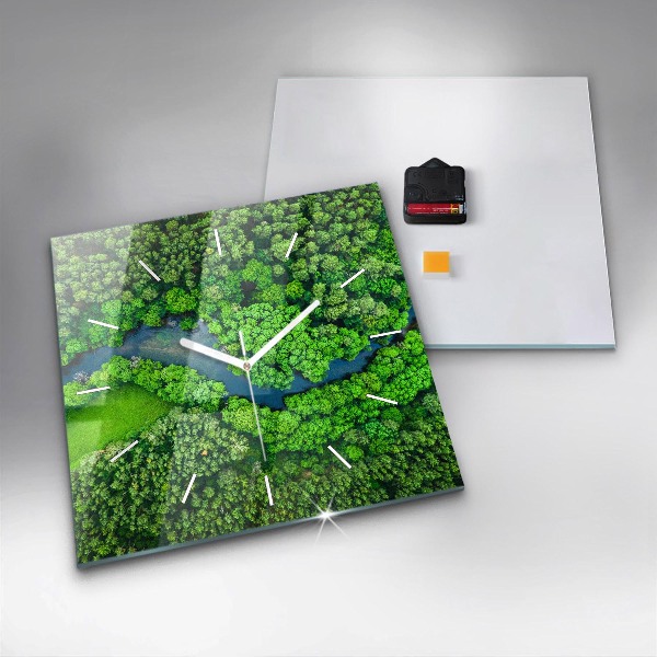 Ceas pătrat de perete din sticlă Râu în pădure