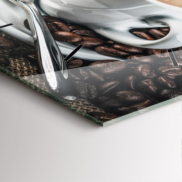 Ceas pătrat de perete din sticlă ceașcă și boabe de cafea