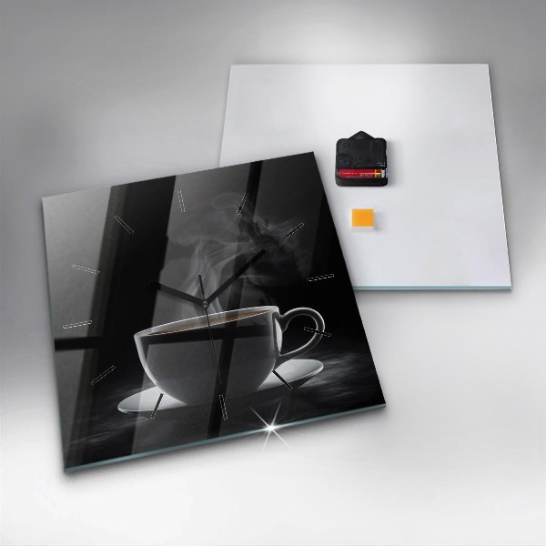 Ceas pătrat de perete din sticlă O ceașcă de cafea neagră