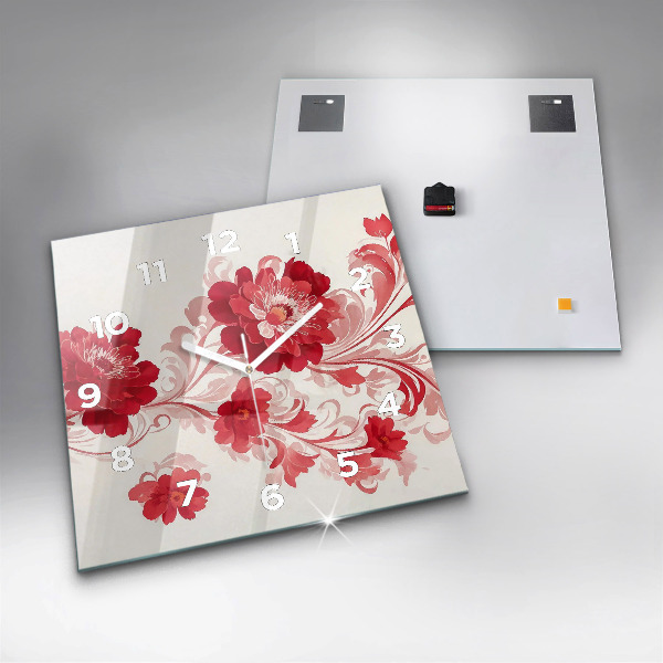 Ceas pătrat de perete din sticlă Flori roșii