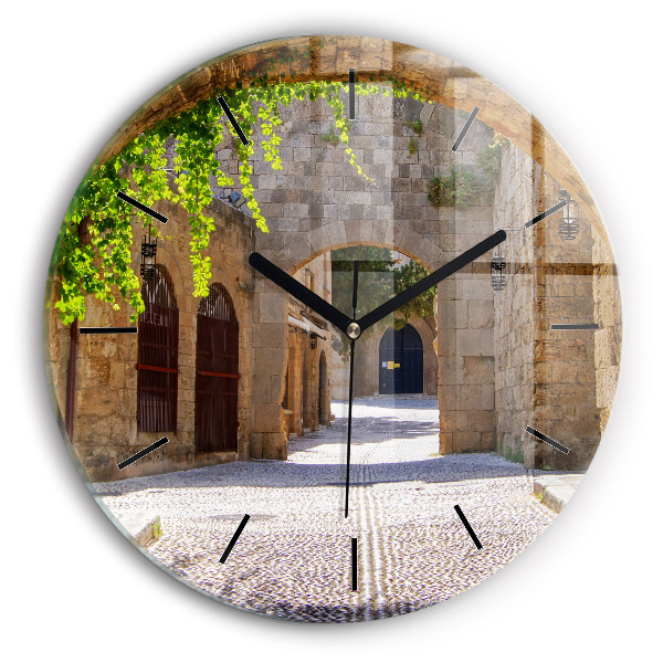 Ceas rotund de perete din sticlă Strada pitoreasca din Rodos