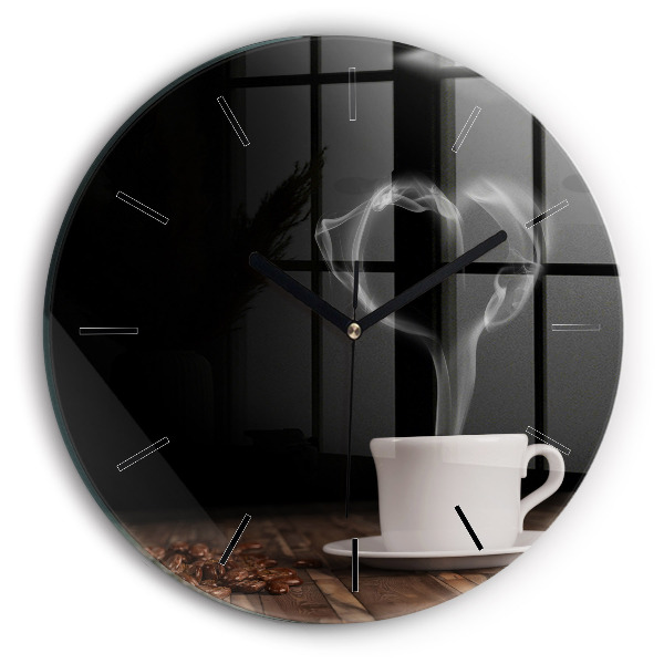 Ceas rotund de perete din sticlă O ceașcă de cafea fierbinte