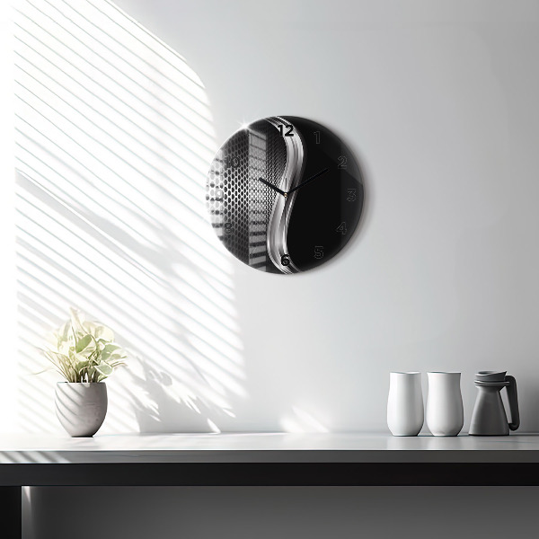 Ceas rotund de perete din sticlă Abstracția metalului negru