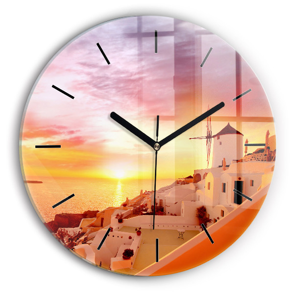 Ceas rotund de perete din sticlă Veche moară de vânt din Santorini