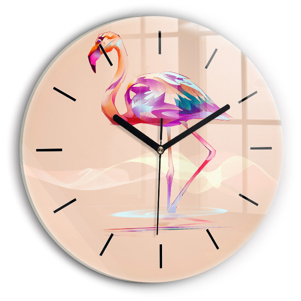 Ceas rotund de perete din sticlă Ilustrație cu flamingo