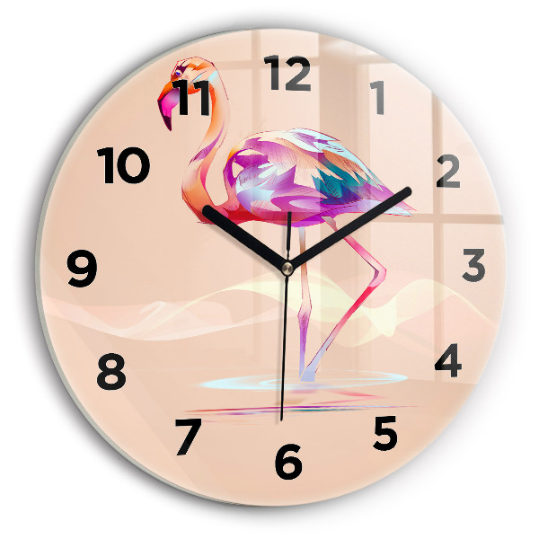 Ceas rotund de perete din sticlă Ilustrație cu flamingo
