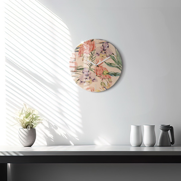 Ceas rotund de perete din sticlă Frunze de palmier tropical