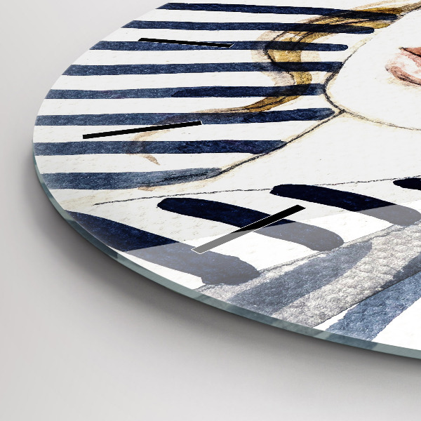 Ceas rotund de perete din sticlă Față cu ochelari și pălărie