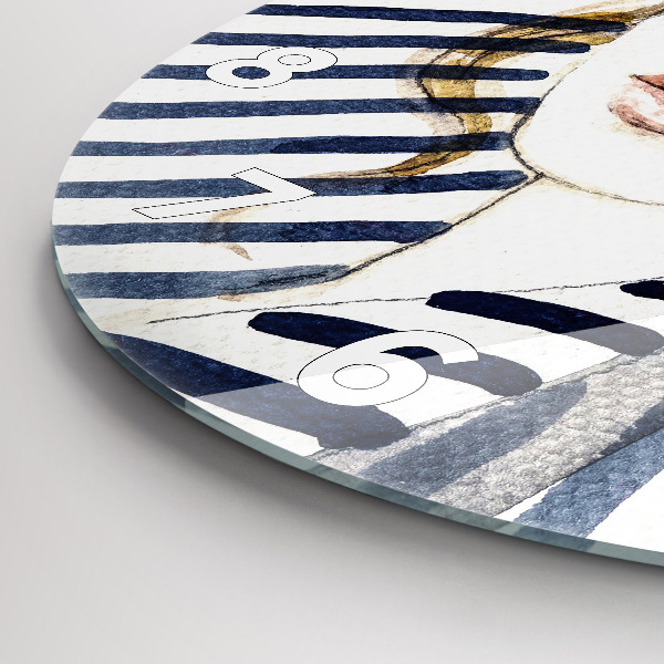 Ceas rotund de perete din sticlă Față cu ochelari și pălărie