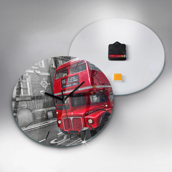 Ceas rotund de perete din sticlă Autobuz roșu cu etaj