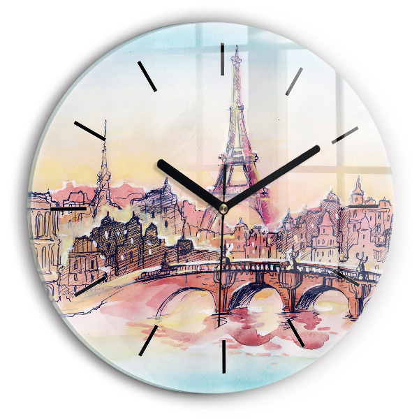 Ceas rotund de perete din sticlă Peisaj pictat din Paris