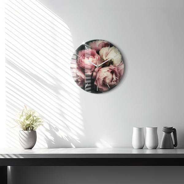 Ceas rotund de perete din sticlă Buchet de trandafiri roz