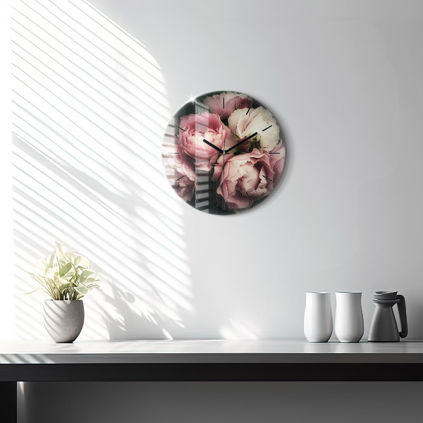 Ceas rotund de perete din sticlă Buchet de trandafiri roz