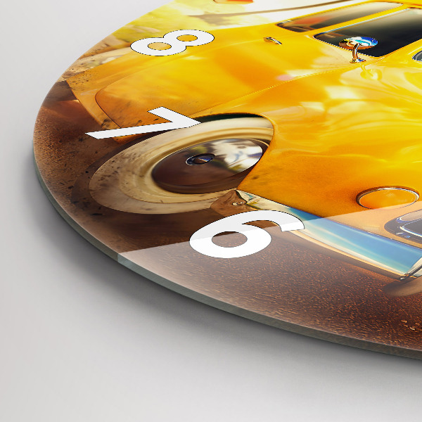 Ceas rotund de perete din sticlă Mașină cu o placă de surf