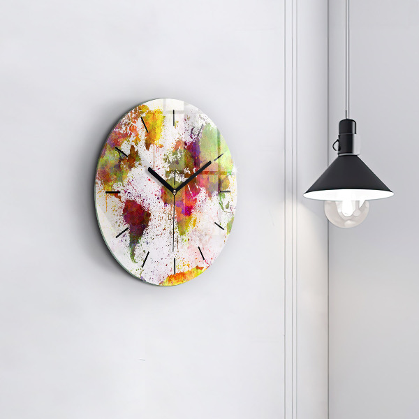 Ceas rotund de perete din sticlă Harta lumii acuarela