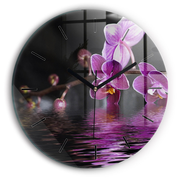 Ceas rotund de perete din sticlă Floare de orhidee pe apă