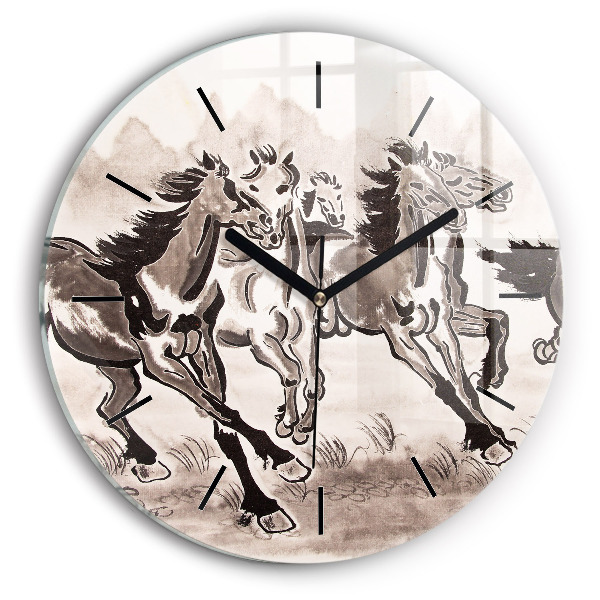 Ceas rotund de perete din sticlă Cai în galop