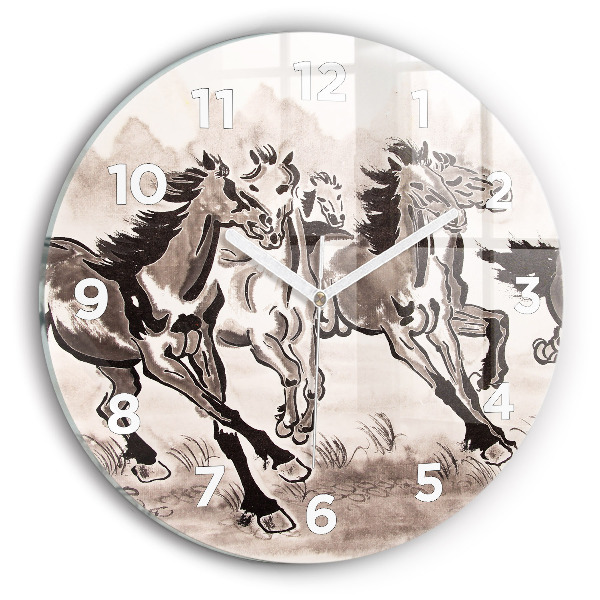 Ceas rotund de perete din sticlă Cai în galop