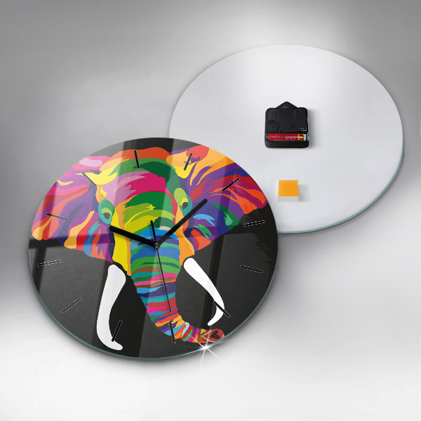 Ceas rotund de perete din sticlă Elefant colorat