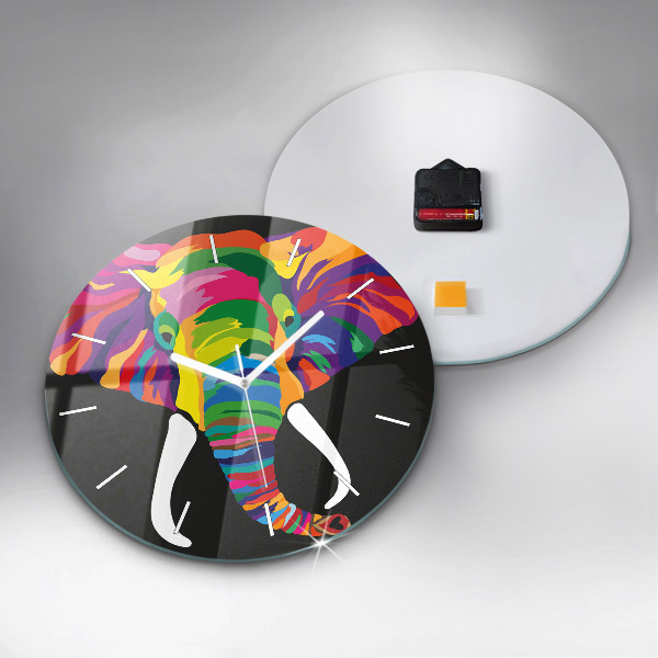 Ceas rotund de perete din sticlă Elefant colorat