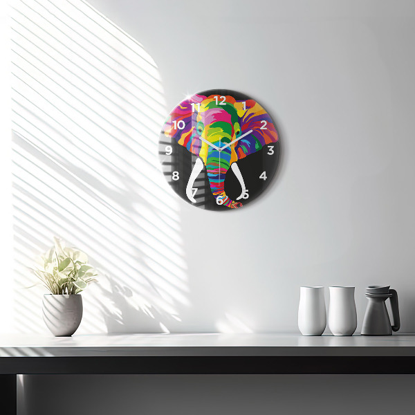 Ceas rotund de perete din sticlă Elefant colorat