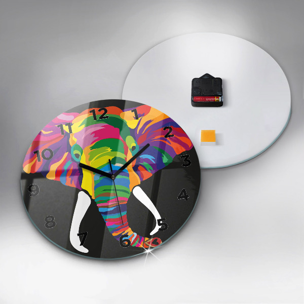 Ceas rotund de perete din sticlă Elefant colorat
