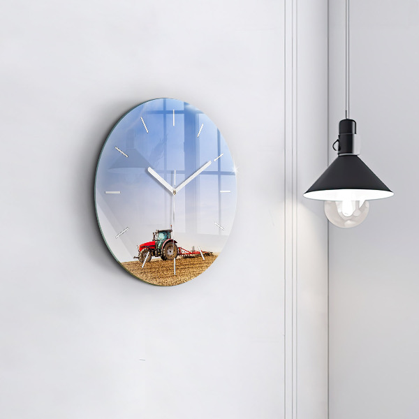 Ceas rotund de perete din sticlă Fermier într-un tractor