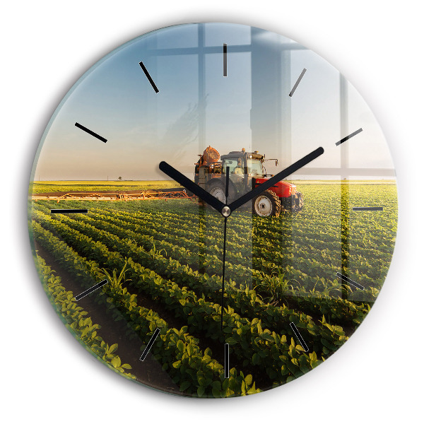 Ceas rotund de perete din sticlă Tractor într-un câmp agricol