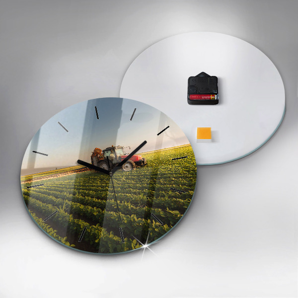 Ceas rotund de perete din sticlă Tractor într-un câmp agricol